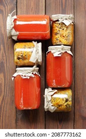 Canned Vegetables: Tomato Paste And Cooked Cabbage With Mushrooms, Food In Sustainable Jars On Wooden Rustic Table, Conserves  For Winter Eat, Flat Lay, From Above Overhead Top View