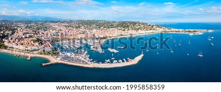 Cannes aerial panoramic view. Cannes is a city located on the French Riviera or Cote d'Azur in France.