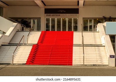 Cannes, France 02-23-2020 Famous Red  Carpet Of The Palais Des Festivals Et Des Congres De Cannes,  Grand Auditorium Louis Lumiere