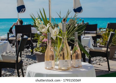 Cannes / France - 03 02 2017: Wine Bottles In A Restaurant On The Banks Of Cannes 