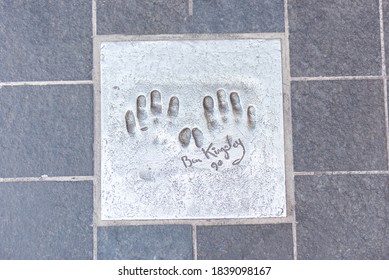 CANNES, FRANCE - AUGUST 15: The Imprint Of The Hand Of The Famous Actor Ben Kingsley On The Sidewalk In Front Of The Palais Des Festivals Et Des Congres, Cannes, France, August 15, 2019
