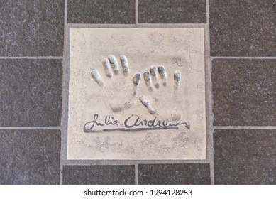 CANNES, FRANCE - AUGUST 15: The Imprint Of The Hands Of The Famous Actress Julie Andrews On The Sidewalk In Front Of The Palais Des Festivals Et Des Congres, Cannes, France, On August 15, 2019