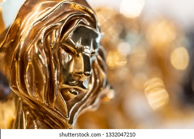 Cannes, France - February 28, 2019: Closed Up Of Gold Cannes Lion Award, Trophy For Winner Of Advertising Agency In Yearly Festival In Cannes, France.