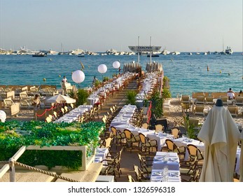 Cannes, Cannes / France - July 14 2018: Bastille Day Fireworks Dinner Preparations At Beach Restaurant