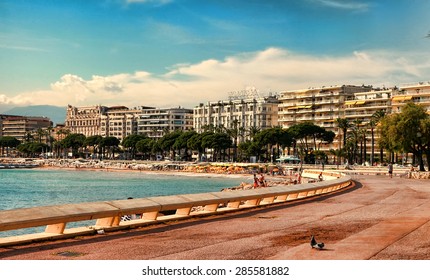 CANNES, FRANCE -  JULY 5, 2014. The Beach In Cannes. Cannes Located In The French Riviera. The City Is Famous For Its Film Festival. FRANCE, - JULY 5, CANNES 2014