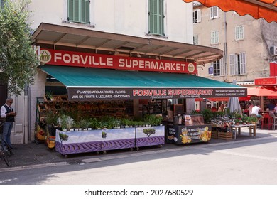 Cannes, France - June 16, 2021 - Forville Market Is Cannes' Favorite Market And Offers Organic Vegetables, Local Wine, Fresh Fish, And Fresh Flowers For The Table.                               