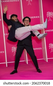 Cannes, France- October 13 2021: Jani Poso and Teemu Nikki  on the pink Carpet of Canneseries Festival.