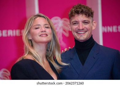 Cannes, France- October 13 2021: Virginie Efira, Niels Schneider On The Pink Carpet Of Canneseries Festival.