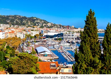 CANNES, FRANCE - September 20, 2019:  Aerial View Of The Luxurious Port Of Cannes And The Palais Des Festivals Et Des Congrès, Seen From The Medieval Castle (Musée De La Castre)