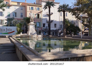 Cannes, France - September 7 2014: Fountain And Statue Of Lord Brougham In  Square Frédéric Mistral