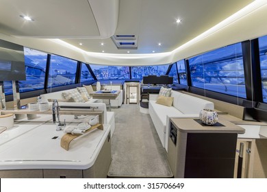 CANNES, FRANCE - SEPTEMBER 9th, 2015.  Luxurious interior of a modern yacht.  YACHTING FESTIVAL 2015, Cannes.
