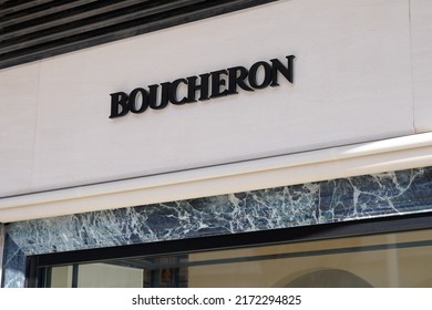 Cannes , Paca  France - 06 15 2022 : Boucheron Text Sign And Logo Brand Of French Luxury Jewellery And Watches House From Paris On Place Vendôme  