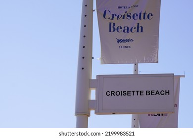 Cannes , Paca  France - 08 09 2022 : Croisette La Plage Sign Brand And Text Logo On Flag Beach Club At La Croisette In Cannes