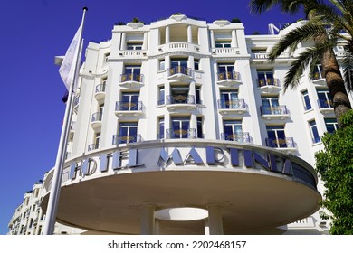 Cannes , Paca  France - 08 09 2022 : Martinez Text Sign And Logo Brand On Facade Hotel In Cannes France