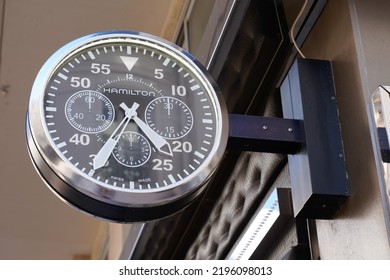 Cannes , PACA France - 08 29 2022 : Hamilton Swiss Made Watch Logo Sign And Brand Text On Store Facade Watches Shop Entrance