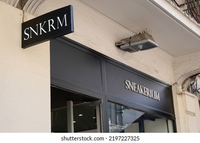 Cannes , PACA France - 08 29 2022 : Sneakerium Logo Sign And Brand Text Snkrm On Store Facade Fashion Clothing Shop Entrance