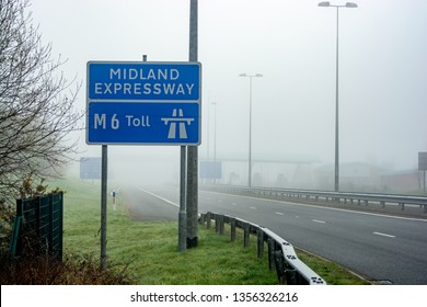 Cannock, Staffordshire, UK - March 31st 2019: M6 Toll Entry Slip Road On A Foggy Morning. The M6 Toll Is The Only Major Toll Road In Great Britain.