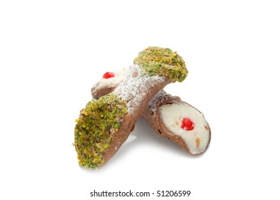 Cannoli Typical Traditional Sicily Ricotta Dessert Isolate On White