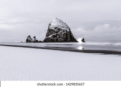 Cannon Beach Haystack Rock Snow Day Crab Light Long Exposure 