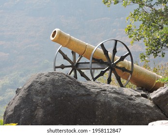cannon used in war by maratha army of chatrapati shivaji maharaj era on lohagad fort. Maratha Army refers to the land-based armed forces of the Maratha Empire. golden Cannon with wheels