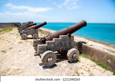 Cannons Of Fort São Sebastião (San Sebastian, Sao Sebastiao), Mozambique Island (Ilha De Mocambique), Indian Ocean Coast, Moçambique. Mozambique Channel, Mossuril Bay, Nampula.  Portuguese East Africa