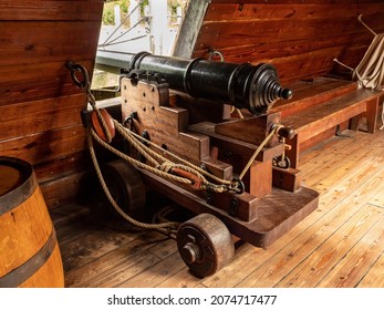Cannons Inside Old Wooden Sailing Ship, James River, Virginia