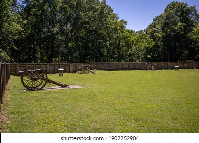 Cannons On Display Behind The Barricades At Fort Pillow State Historic Park.