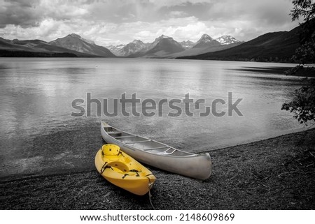 Canoe and Kayak  at lake McDonald shore line in glacier national park, Montana