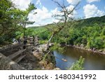 Canoe on the St Croix River between Minnesota and Wisconsin viewed from an overlook