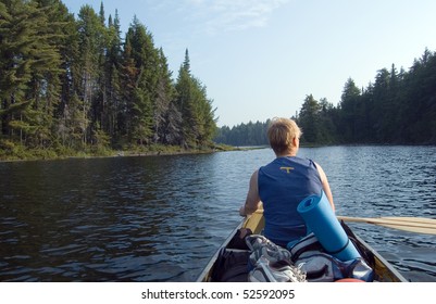 Canoe Trip In Calm Lake In Algonquin Park