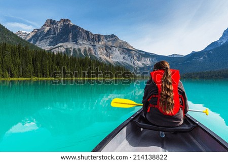 Canoeing on Emerald Lake in summer at the Yoho National Park alberta canada