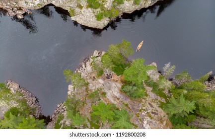 Canoeing in Ontario , Temagami region (near Helen falls) - aerial view from drone.