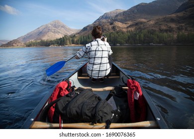 Canoeing In Scotland In Sunny Clear Sky Weather. 