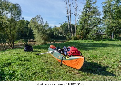 Canoeing Trip On The River. Rafting In Kayaks. Active Recreation On The Water.