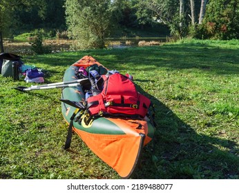 Canoeing Trip On The River. Rafting In Kayaks. Active Recreation On The Water.