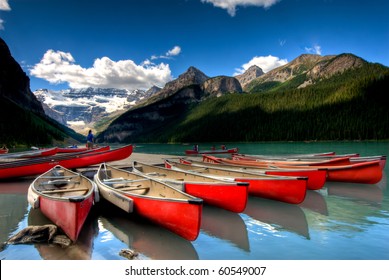 canoes on beautiful tourquoise lake