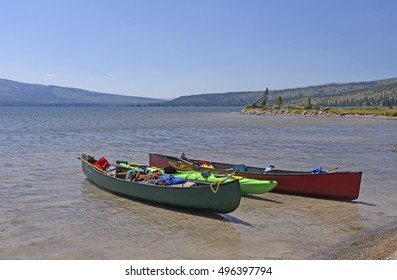 Canoes On A Lewis Lake In Yellowstone National Park In Wyoming