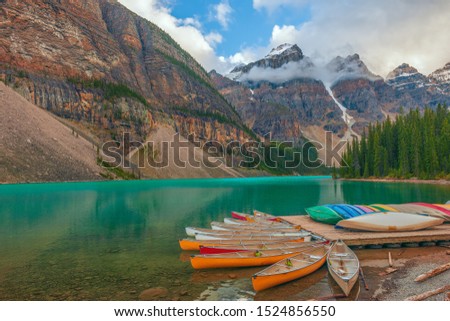 Canoes on Moraine Lake .Banff National Park. Canadian Rocky Montains. Alberta. Canada