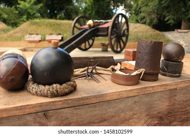 Canon And Cannonballs Display At The American Revolution Museum At Yorktown, VA