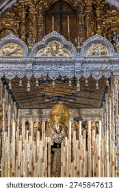 Canopy float of the Virgin de la Concepción (Silencio Brotherhood) inside San Antonio Abad Church during Holy Week in Seville, Andalusia, Spain.
