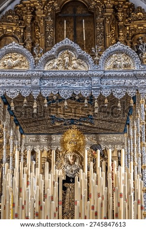 Canopy float of the Virgin de la Concepción (Silencio Brotherhood) inside San Antonio Abad Church during Holy Week in Seville, Andalusia, Spain.