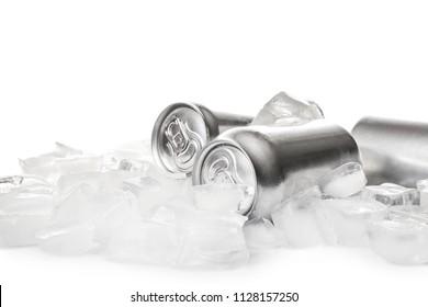 Cans Of Beer In Ice Cubes On White Background