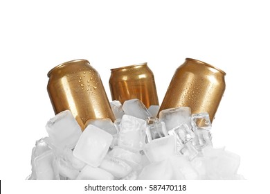 Cans Of Beer In Ice On White Background