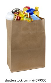 Cans, Bottles And Boxes Shot In Brown Paper Grocery Bag, Silhouetted On White Background