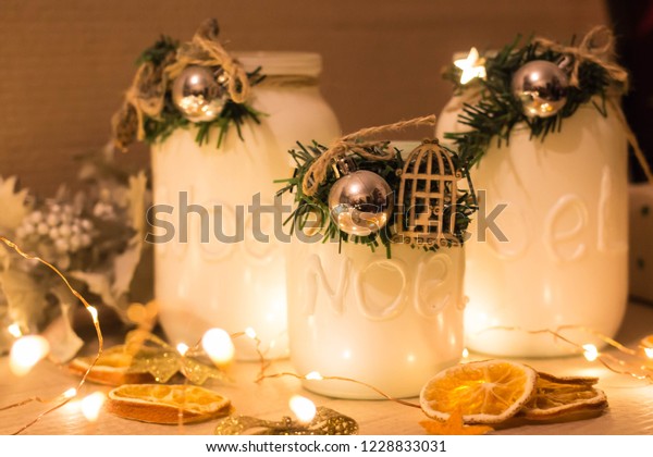 Cans Candles Christmas Decoration Candlesticks Hand Stock Photo