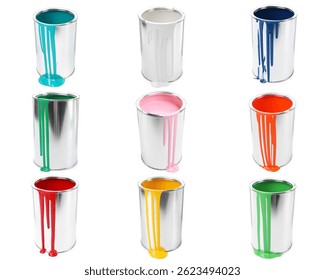 Latas con gotas de pintura de diferentes colores sobre fondo blanco, conjunto