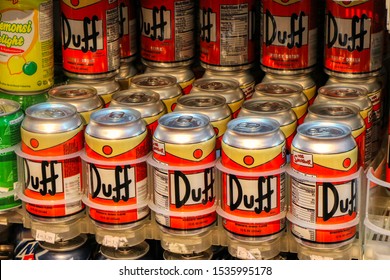 Cans of replica "Duff Beer" from the famous cartoon "The Simpsons" lined up - London, England, United Kingdom - 15/10/2019