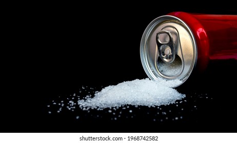 Cans Of Sugary Drinks Pour Out Separately On Black Background, Concept Of Comparing Sugar Content Of Refreshing Drinks.