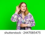 I cant hear you. What. Young woman trying hear you, looking confused and frowning, keeping arm near ear for louder voice, asking to repeat, to hear information, deafness. Girl on chroma key background