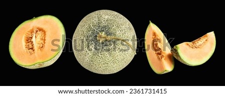 Cantaloupe melon Japanese fruit isolated with clipping path, no shadow in black background